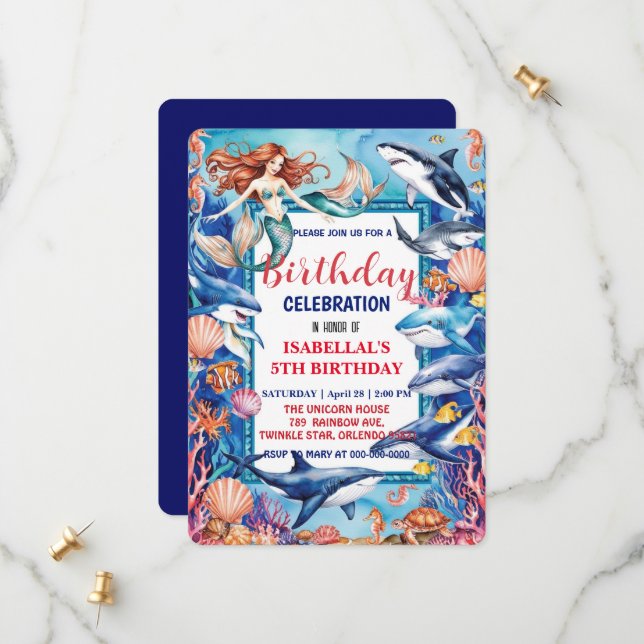 Reserva La Fecha cumpleaños de tiburón de ballena de sirena azul (Anverso/Reverso In Situ)