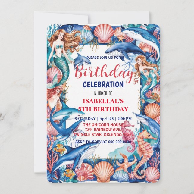 Reserva La Fecha cumpleaños de tiburón de ballena de sirena azul (Anverso)