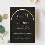 Reserva La Fecha cumpleaños del arco de oro negro<br><div class="desc">Una tarjeta Save the Date para una fiesta de cumpleaños número 70 (o cualquier edad). Un fondo negro, decorado con un falso arco dorado. Personalice y agregue una fecha y su nombre. El texto: Setenty y Save the Date se escribe con un gran guión de estilo a mano a la...</div>