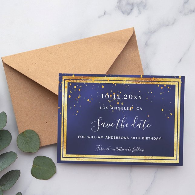 Reserva La Fecha Cumpleaños del confetti de oro azul marino (Subido por el creador)