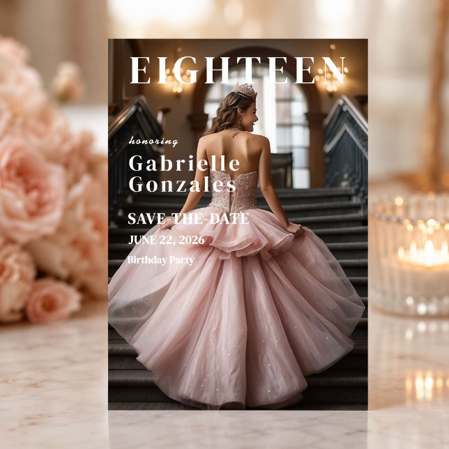 Reserva La Fecha Cumpleaños dieciocho rosa sonrosado Save The Date (Elegant blush pink save the date featuring a glamorous sweet eighteen celebration.)