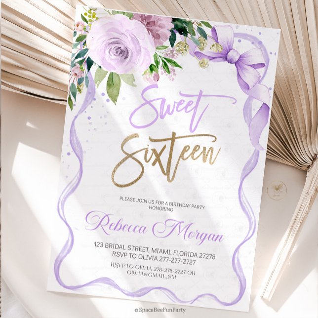 Reserva La Fecha Cumpleaños Dulces Dieciséis 16 (Sweet Sixteen, Invitation Sweet ,16 Invite purple Bow ,Floral Watercolor, 16th Birthday ,Sweet Sixte)