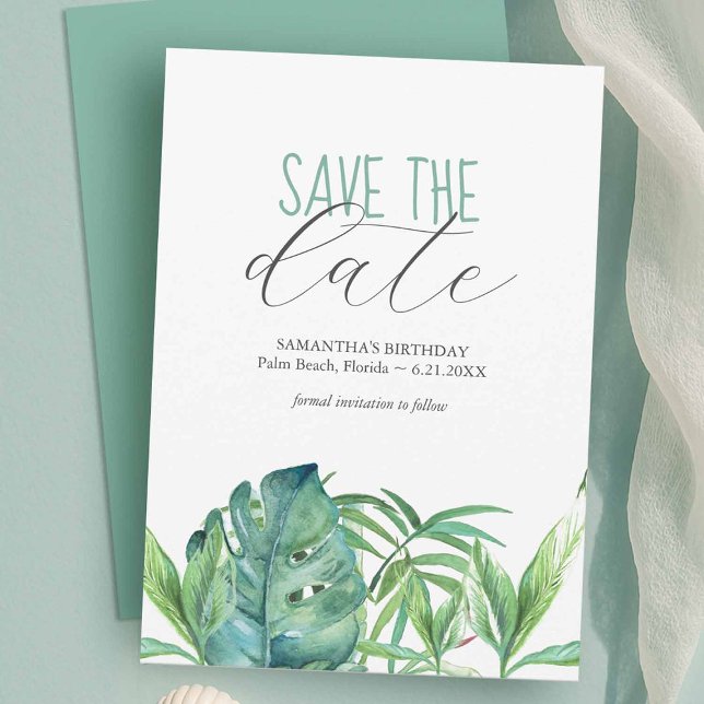 Reserva La Fecha Cumpleaños Guardar El Tema Tropical De Las Cartas  (Ideas for unique party save the date templates to download designed with hand painted watercolor art)