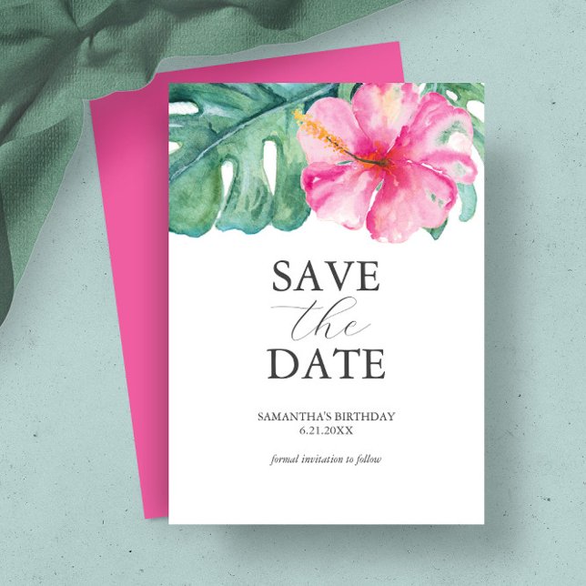 Reserva La Fecha Cumpleaños Guardar El Tema Tropical De Las Cartas  (Beautiful wedding announcements tropical watercolor art by Victoria Grigaliunas of Do Tell A Belle)