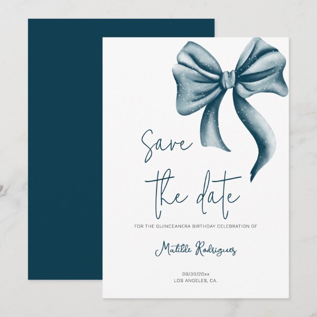 Reserva La Fecha Cumpleaños Quinceañera Simple Arco Azul (Anverso / Reverso)