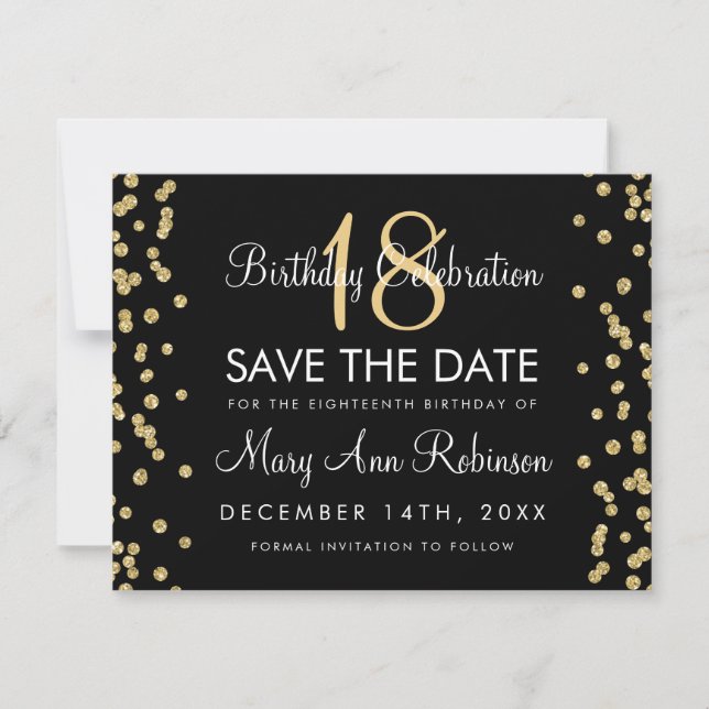 Reserva La Fecha Cumpleaños Save Date Purpurina de oro Confetti Bla (Anverso)