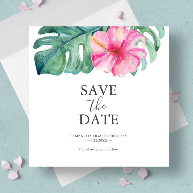 Reserva La Fecha Cumpleaños Tropical Guardar Las Cartas De Fecha (Birthday save the date cards features tropical watercolor art by Victoria Grigaliunas)