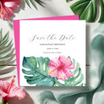 Reserva La Fecha Cumpleaños Tropical Guardar Las Cartas De Fecha<br><div class="desc">Anunciar su cumpleaños de hito con estilo con este cuadrado único guardar las tarjetas de fecha! Con un elegante borde superior de flores tropicales acuáticas y hojas de palma de monstera, exudan encanto tropical. "Save the Date" (Salva la fecha) es un juego de tipografías con gusto en gris carbón vegetal...</div>