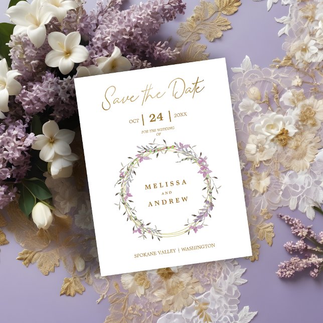 Reserva La Fecha Custom Lilac Elegant Garland Wreath Wedding (Custom Lilac Elegant Garland Wreath Wedding Save the Date Card.)