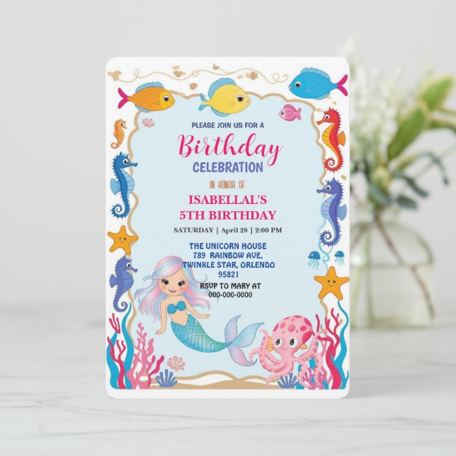 Reserva La Fecha Cute arcoíris mermaid seahorse octopus cumpleaños (Anverso de pie)