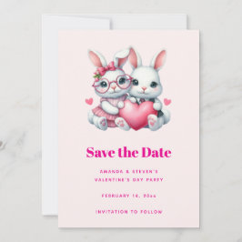Reserva La Fecha Cute Bunnies Sharing a Heart Valentine's Party