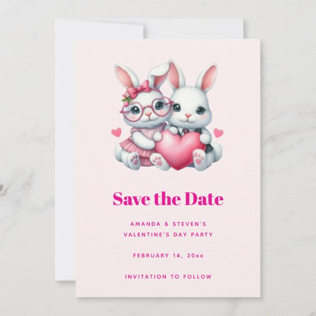 Reserva La Fecha Cute Bunnies Sharing a Heart Valentine's Party (Anverso)