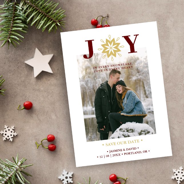 Reserva La Fecha Cute Christmas Joy Snowflake Red & Fake Gold Photo (Cute Christmas Joy Snowflake in Red and Gold Photo Holiday Card as a Wedding Save the Date Card.)