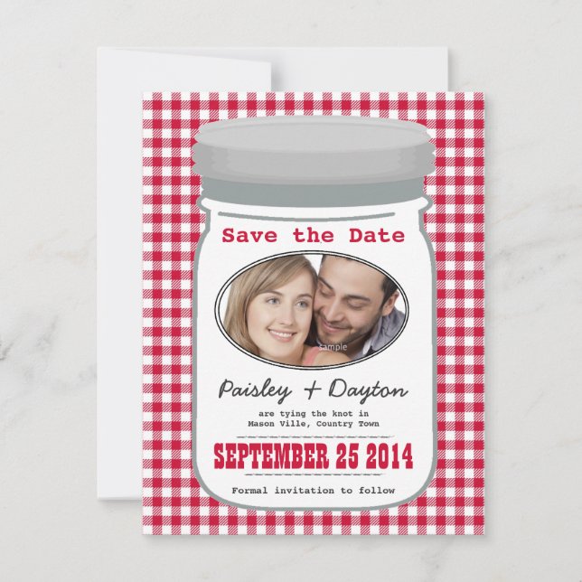 Reserva La Fecha Cute Country Gingham Mason Jar Salva la Fecha (Anverso)