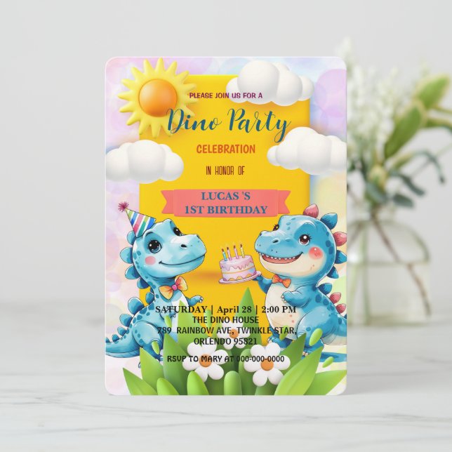 Reserva La Fecha Cute DIno dinosaurios de flores silvestres Primer  (Anverso de pie)