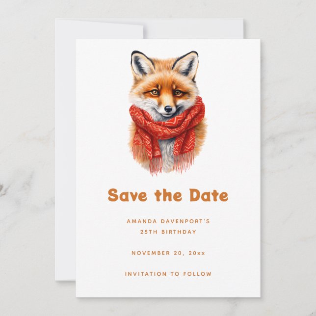 Reserva La Fecha Cute Fox in a Red Scarf Autumn Image Birthday (Anverso)