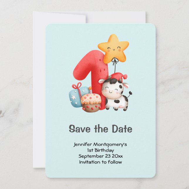 Reserva La Fecha Cute Happy Cow 1º cumpleaños (Anverso)