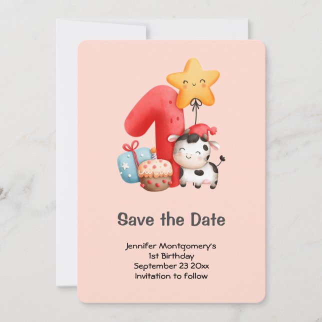 Reserva La Fecha Cute Happy Cow 1º cumpleaños (Anverso)