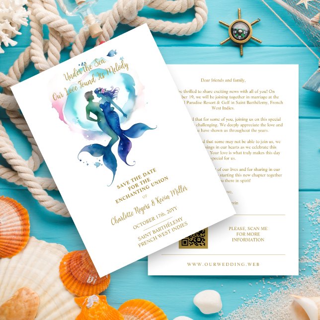 Reserva La Fecha Cute Magical Wedding Mermaid & Triton Romantic (Cute Magical Union Mermaid & Triton Romantic Save the Date Card with Envelope.)