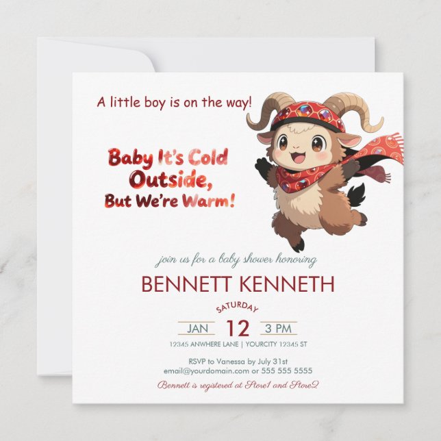 Reserva La Fecha Cute Ram Winter Boy Baby Shower Invitation (Anverso)
