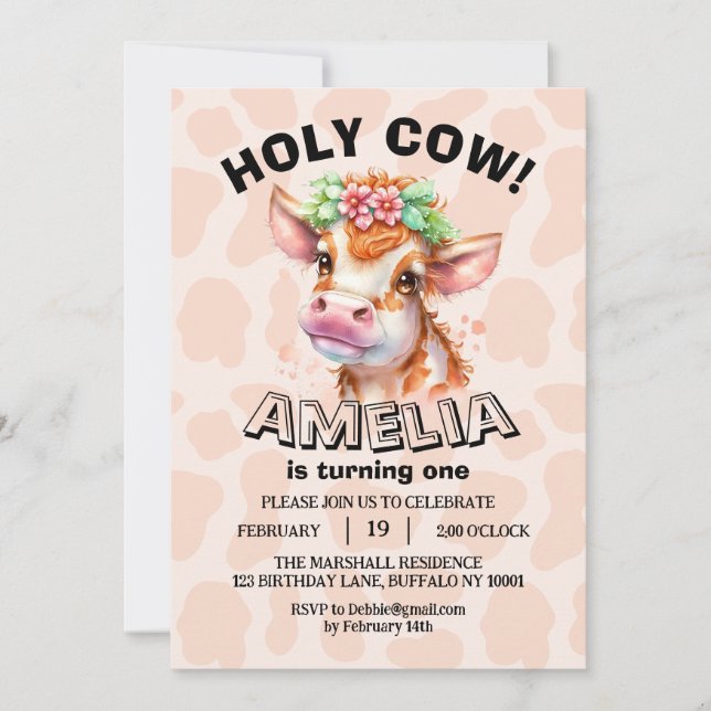 Reserva La Fecha Cute, Santa Vaca, soy un Chica, primer cumpleaños (Anverso)