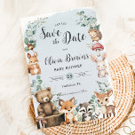 Reserva La Fecha Cute Woodland Animals Greenery Blue Baby Shower<br><div class="desc">Personalice este hermoso bosque para salvar la fecha fácil y rápidamente. Simplemente haga clic en el botón personalizar para editar los textos,  cambiar las fuentes y los colores de las fuentes. Con adorables animales de bosque para bebés. Elementos coincidentes disponibles en el almacén. c) Somerset Fine Paperie</div>