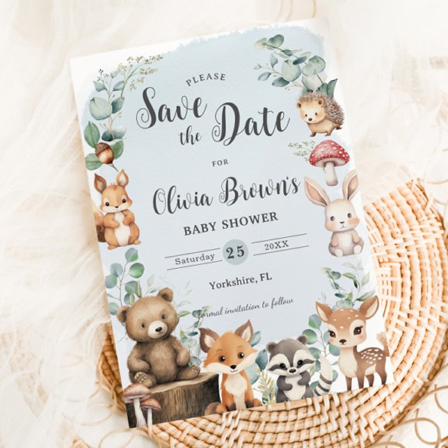 Reserva La Fecha Cute Woodland Animals Greenery Blue Baby Shower (Subido por el creador)