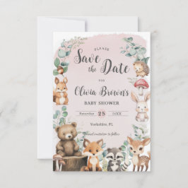 Reserva La Fecha Cute Woodland Animals Greenery Pink Baby Shower
