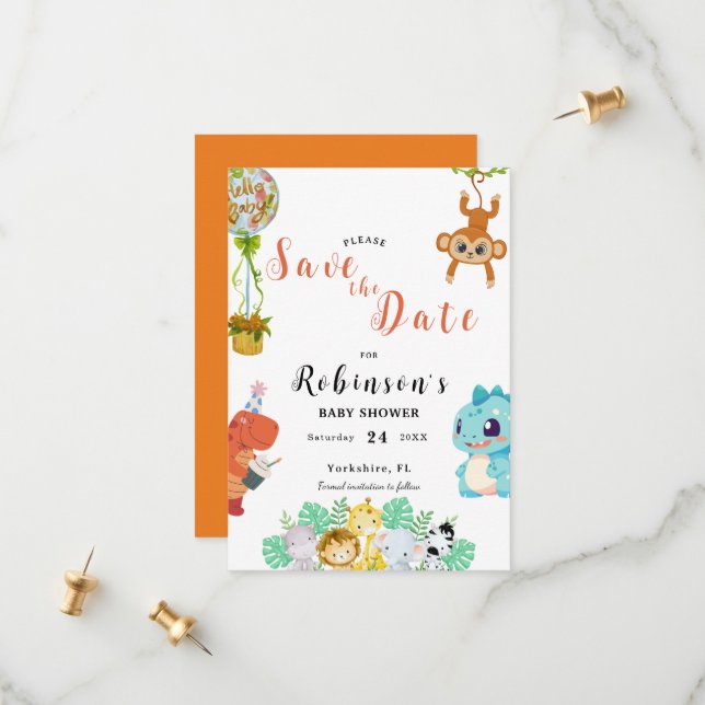 Reserva La Fecha Cuto pequeño Dino Baby Shower (Anverso/Reverso In Situ)