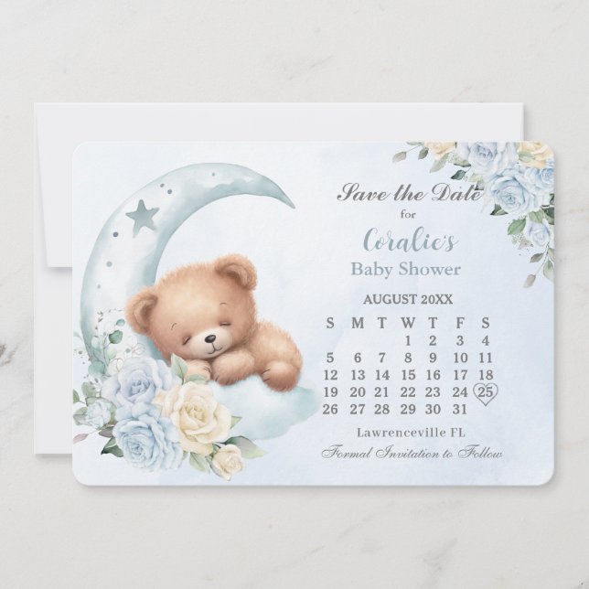 Reserva La Fecha Cuto Sleeping Bear Moon Blue Floral Baby Shower (Anverso)