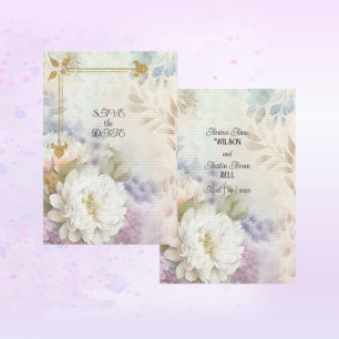 Reserva La Fecha Dahlias blancas con acentos púrpura pastel y azul