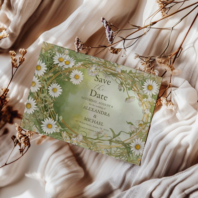 Reserva La Fecha Daisies Art Nouveau Ivory Green Boda (Subido por el creador)