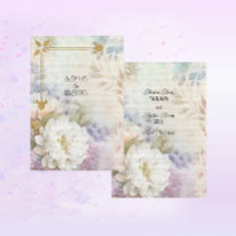 Dalias blancas con acentos de púrpura pastel y azu