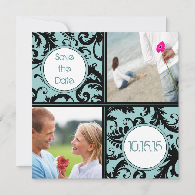 Reserva La Fecha Damasco Negro en Aqua Save the Date de Boda (Anverso)