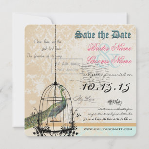 Reserva La Fecha Damask Peacock Bird Cage Wedding Save the Date