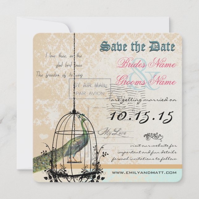 Reserva La Fecha Damask Peacock Bird Cage Wedding Save the Date (Anverso)