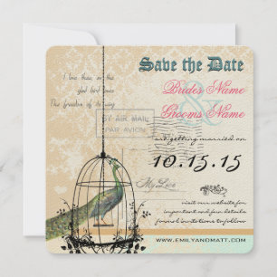 Reserva La Fecha Damask Peacock Bird Cage Wedding Save the Date