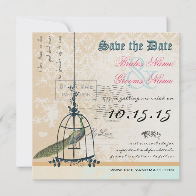 Reserva La Fecha Damask Peacock Bird Cage Wedding Save the Date (Anverso)