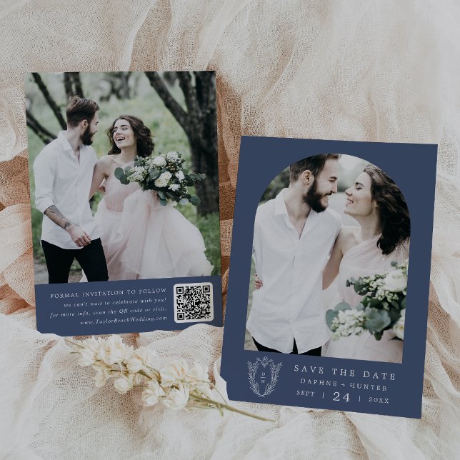 Reserva La Fecha DAPHNE Boda moderno botánico azul oscuro (DAPHNE Dark Blue White Botanical Modern Wedding Save The Date)