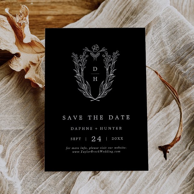 Reserva La Fecha DAPHNE Formal Dark Black Classic Boda floral (DAPHNE Formal Dark Black Classic Floral Wedding Save The Date)