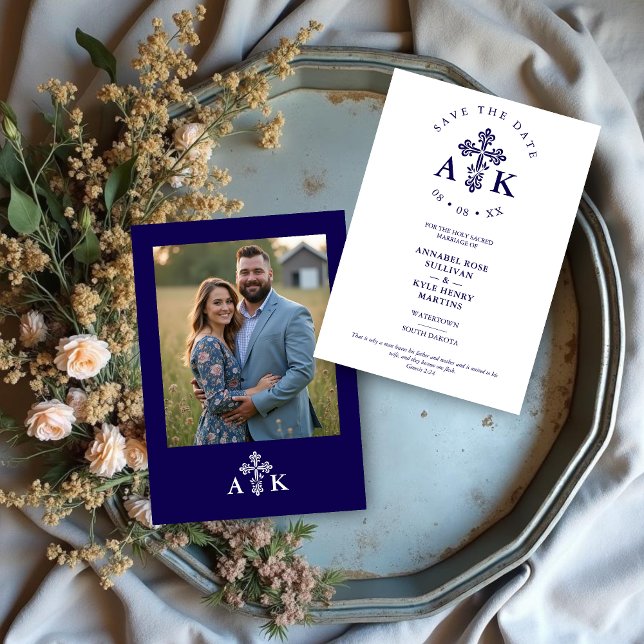 Reserva La Fecha Dark Blue Ornate Christian Cross Wedding Initials (Dark Blue Ornate Christian Cross Minimalist Wedding Save the Date Cards with Initials and Back Photo)