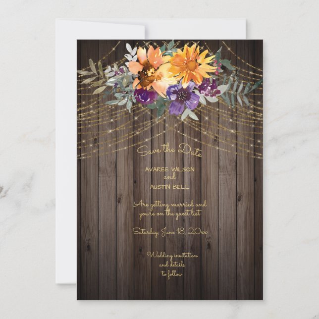 Reserva La Fecha Dark Brown Barnboard String Lights Sunflowers (Anverso)