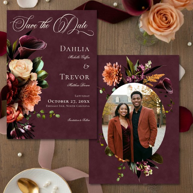 Reserva La Fecha Dark Elegant Autumn Floral Burgundy Photo Wedding (Subido por el creador)