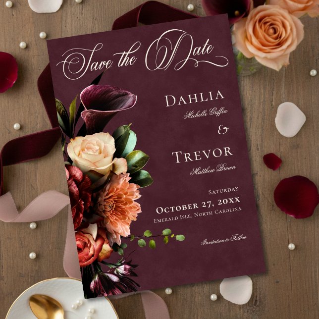 Reserva La Fecha Dark Elegant Autumn Floral Burgundy Wedding (Subido por el creador)
