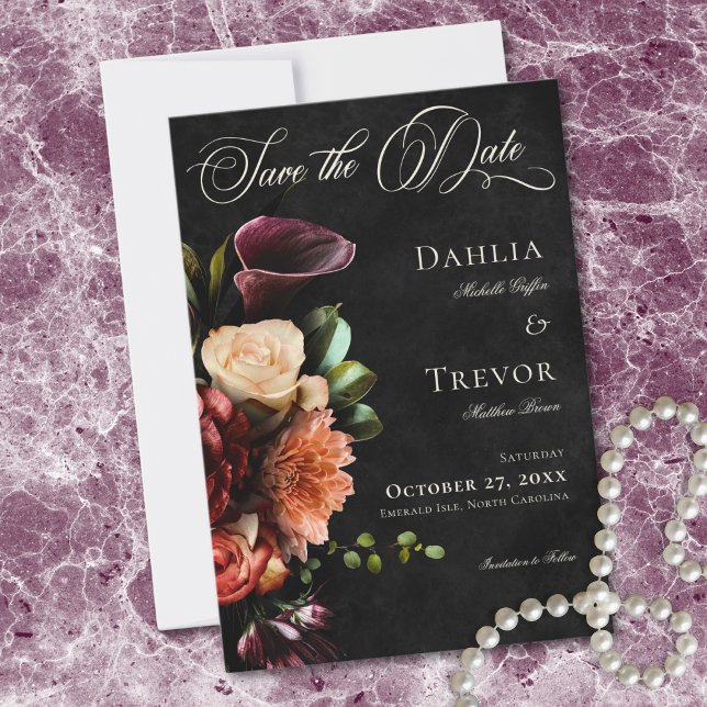 Reserva La Fecha Dark Elegant Autumn Floral Wedding (Dark Elegant Autumn Floral Wedding Save The Date)