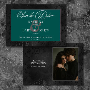 Reserva La Fecha Dark Gothic Black Floral Satin Damask Foto Verde a