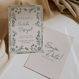 Reserva La Fecha Dark Green Hand Drawn Floral Garden Boho Wedding 