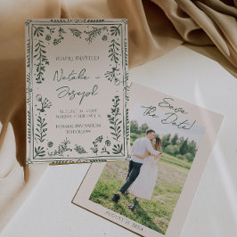 Reserva La Fecha Dark Green Hand Drawn Floral Garden Photo Wedding 