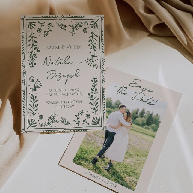 Reserva La Fecha Dark Green Hand Drawn Floral Garden Photo Wedding  (Subido por el creador)