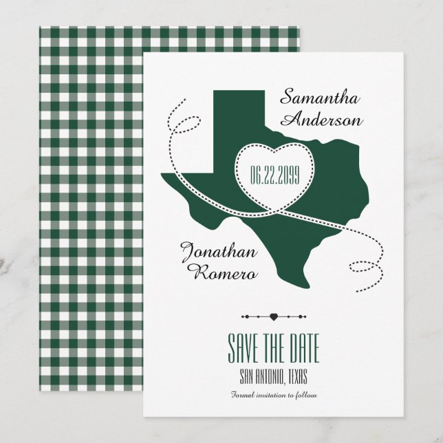 Reserva La Fecha Dark Green Texas Curling Ribbon Save the Date (Anverso / Reverso)